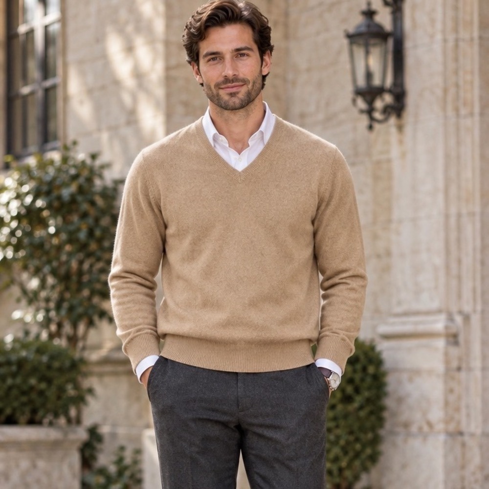 Club Room Estate Cashmere Sweater L Camel V Neck Quiet Luxury Old Money